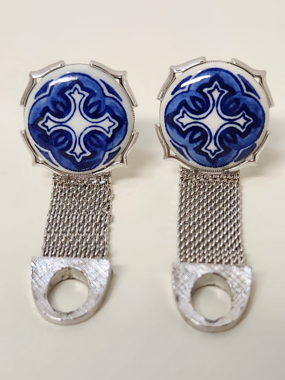 Vintage Portuguese Azulejo Style Ceramic Tile Mesh Wrap-around Cufflinks